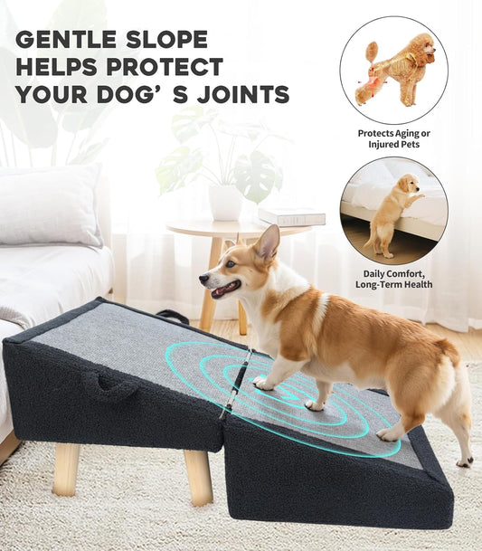 Dog Stairs for Small Dogs and Cats β 2-in-1 Dog Ramp for Bed and Couch, 16.5'' Foldable Wooden Pet Steps, Sturdy Multi-Use Split Ottoman Design, Dark Blue