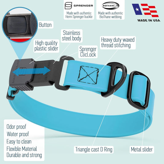 Dogline Biothane Waterproof Dog Collar with Herm Sprenger Stainless Steel Quick Release Buckle β Heavy Duty Tactical Durable Collar for Dogs β Comfortable and Safe Pet Collar, W 1" L 15-25" Sky Blue