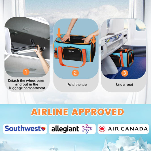 Petskd Top-Expandable Pet Carrier with Wheels 19x13x9 Inches Southwest Allegiant Airlines Approved, Soft-Sided Carrier for Small Dog Under 12 lbs and Large Cat Under 15 lbs(Blue)