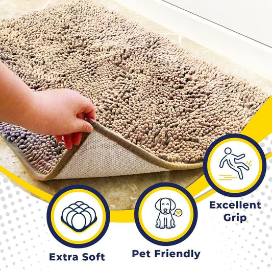 Muddy Mat® AS-SEEN-ON-TV Highly Absorbent Microfiber Door Mat and Pet Rug, Non Slip Thick Washable Area and Bath Mat Soft Chenille for Kitchen Bathroom Bedroom Indoor and Outdoor - Beige 3ft x 8ft