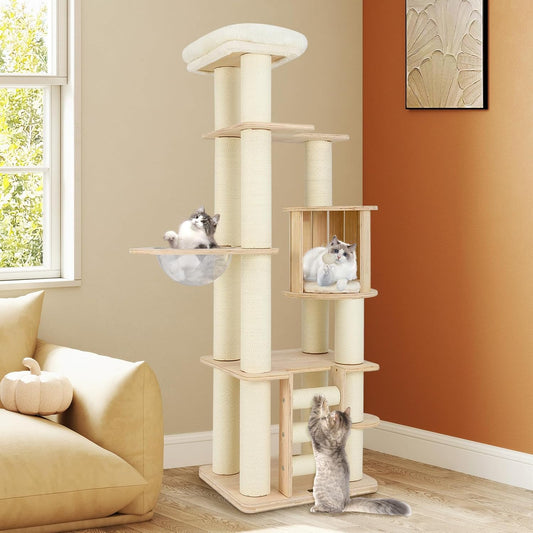 Tangkula 71β Tall Cat Tree, Multi-Layer Wood Cat Tower with Scratching Posts, Perch, Condo, Space Capsule, Ladder, Dangling Ball, Washable Cushions, Modern Cat Tree Tower for Indoor Cats Large Adult