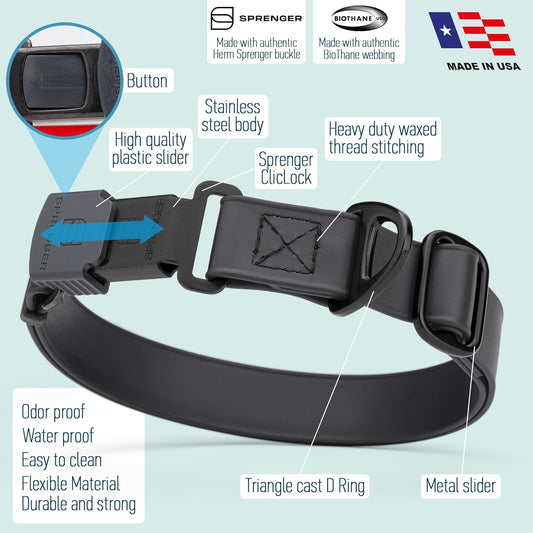 Dogline Biothane Waterproof Dog Collar with Herm Sprenger Stainless Steel Quick Release Buckle β Heavy Duty Tactical Durable Collar for Dogs β Comfortable and Safe Pet Collar, W 3/4" L 12-19", Black