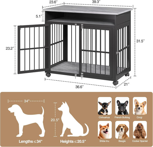 39.4" Dog Crate Furniture for Medium and Large Breed, Dog Kennel Furniture with Storage Shelf & Lockable Wheels, Heavy Duty Wooden End Side Table Pet Cage Indoor, Chew-Resistant, Grey