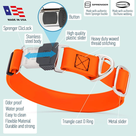 Dogline Biothane Waterproof Dog Collar with Herm Sprenger Stainless Steel Quick Release Buckle β Heavy Duty Tactical Durable Collar for Dogs β Comfortable and Safe Pet Collar, W 3/4" L 12-19", Orange