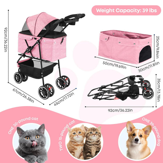 Pet Stroller,Dog Stroller for Small Medium Dogs Cats,3 Wheels,Foldable,with Breathable Mesh Canopy,Cup Holders,Easy Assembly,Pink