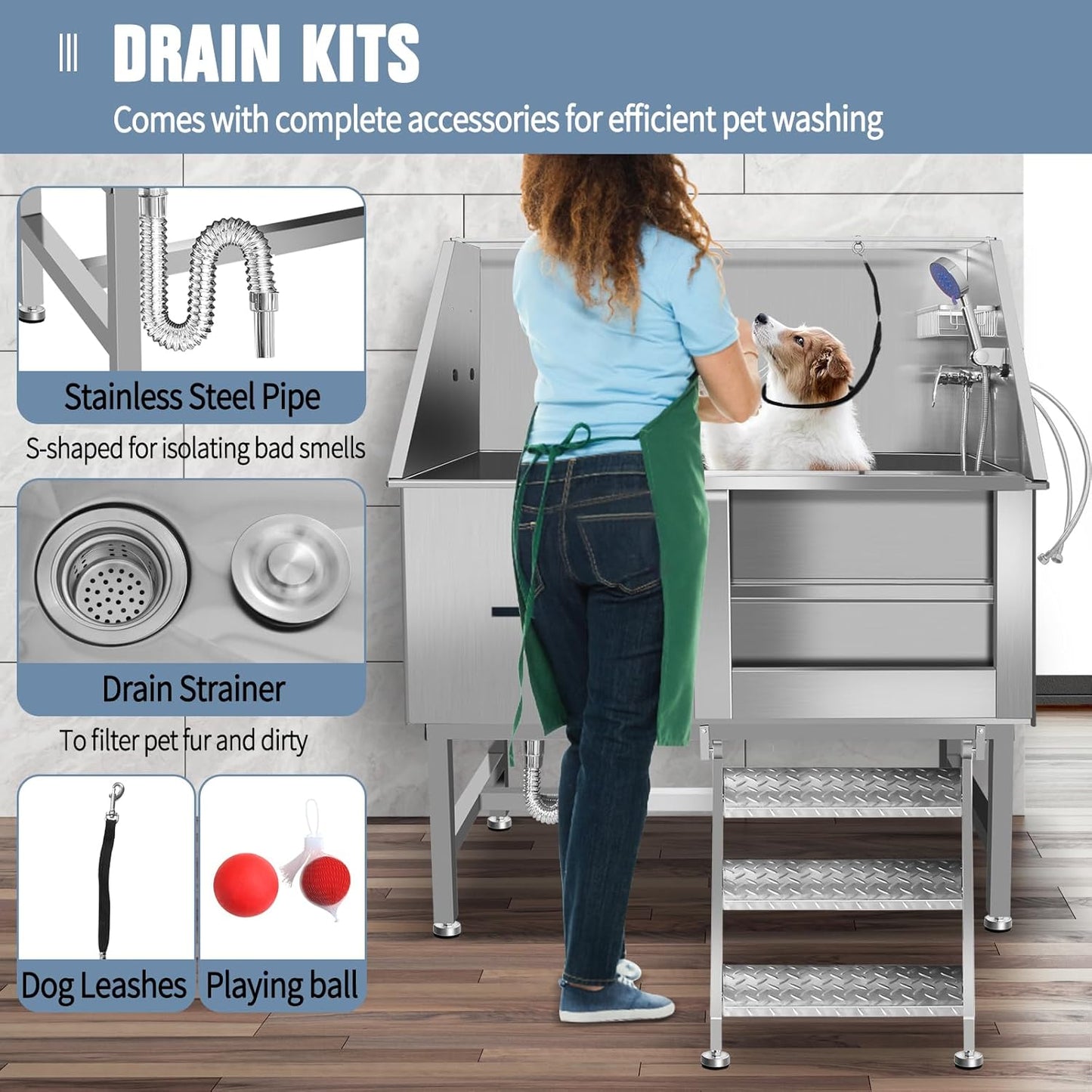 50" Pet Dog Bathing Station W/Stairs, Professional Stainless Steel Dog Grooming Tub W/Soap Box, Faucet,Rich Accessory, Dog Bathtub for Large,Medium,Small Pets, Washing Sink for Home (50" Right ramp)