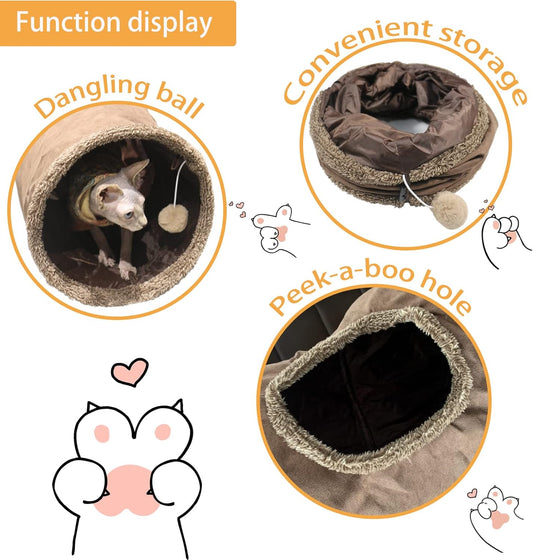 Cat Tunnel for Indoor Cats, 51Γ12 inch Foldable Big Cat Tunnel, Brown Suede Pet Tunnels with Two Peepholes and a Bubble Ball
