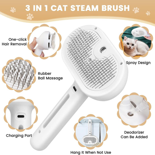 Cat Steam Brush, 3 In 1 Steamy Cat Brush with Release Button and Tank, Anti-Static Pet Spray Hair Removal Comb, Rechargeable Dog Steam Comb for Furry Pet