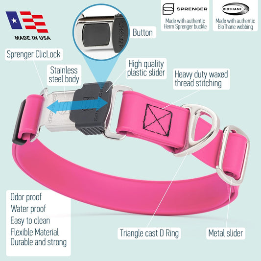 Dogline Biothane Waterproof Dog Collar with Herm Sprenger Black Stainless Steel Quick Release Buckle β Heavy Duty Tactical Durable Collar for Dogs β Comfortable and Safe Pet Collar W3/4" L12-19 Pink