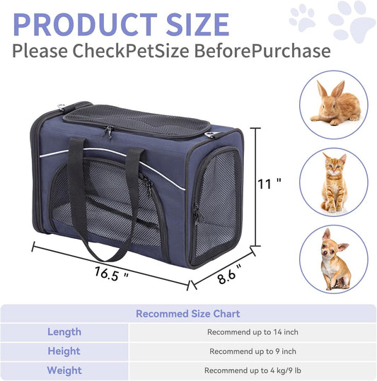 Petsfit Airline Approved Pet Carrier for Small Cats, 16.5x8.6x11 TSA Approved Carrier, with Removable Dual-Sided Padding (2-Way Placement) - Fits Under Most Airplane Seats, Escape Proof (Navy)