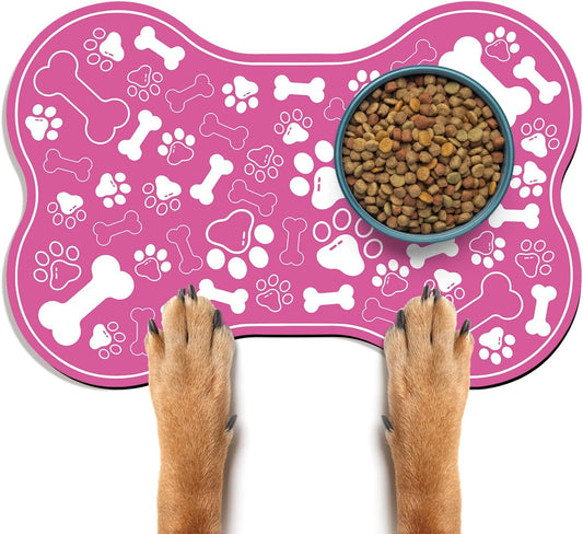 Dog & Cat Food Mat Bone Shaped Pet Feeding Mat Quick Absorb Water Bowl Placemat with Rubber Backing Indoor Floor Stain Resistant Pet Accessory Supplies (Pink Small, 12x18 Inches)