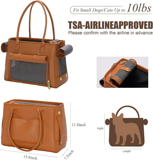 Fashion Pet Carrier Purse for Small Cat and Dog, Luxury Pu Soft-Sided Tote Bag with Large Pockets for Dogs and Puppies (Brown, 15.8" L x 7.5" W x 11.8" H)