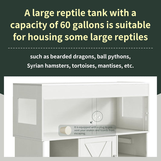 60 Gallon Reptile Tank with Stand, Terrarium Tank with Storage Cabinet, for Lizards, Skinks, Snakes, Sliding Acrylic Doors, Mesh Top, Built-in Power Outlet White PX02RTW