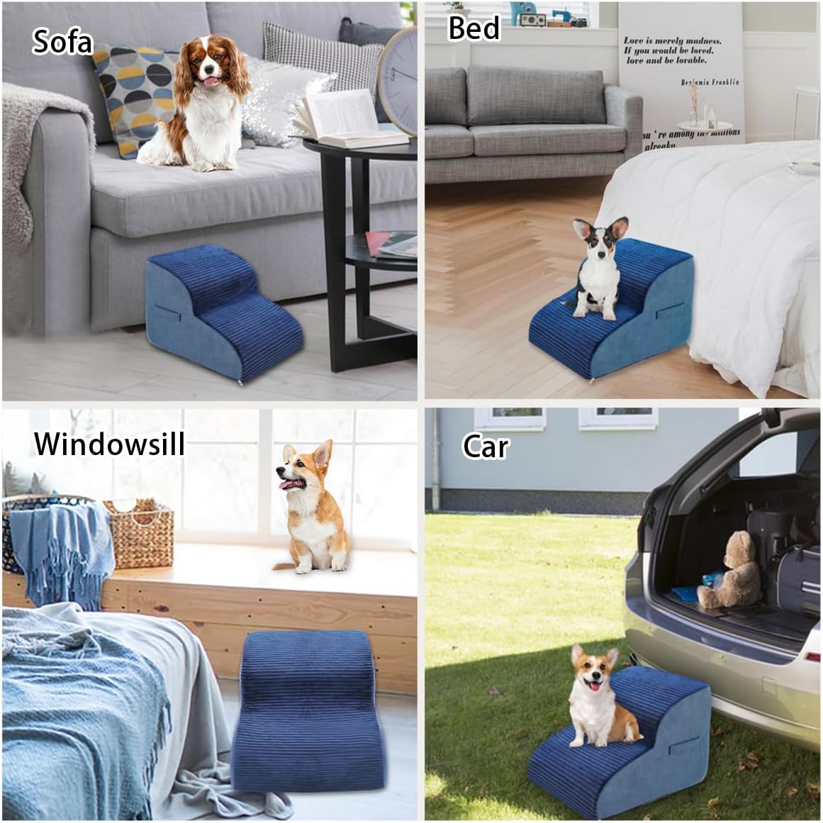 High Density Foam Dog Stairs Steps, 13.7’’ Non-Slip Extra Wide Deep Pet Steps for Beds Or Couches, for Injured or Older Pets Dogs and Cats with Joint Pain, 2-Tiers (Navy Blue)