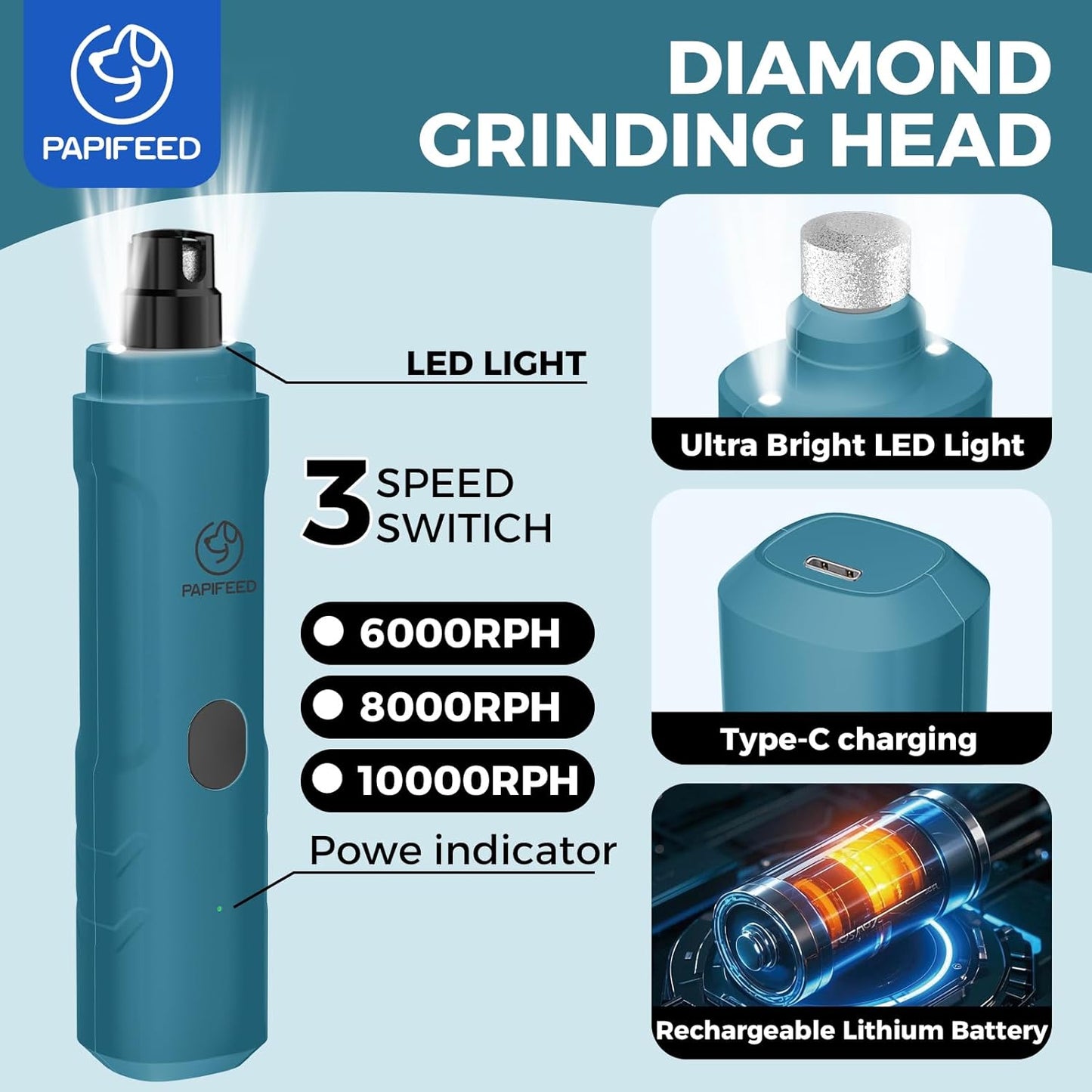PIPAFFEED Dog Nail Grinder Upgraded with with Dog Nail Trimmers,2 LED Lights, 3-Speed Rechargeable & Quiet - Upgraded Electric Pet Nail Trimmer, Painless Paws Grooming Tool-Bule