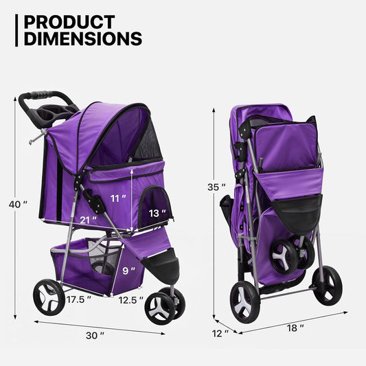 MoNiBloom 3 Wheels Pet Dog Cat Stroller for Small Medium Dogs Cats, Lightweight Foldable Jogger Stroller w/Storage Basket and Cup Holder, Purple