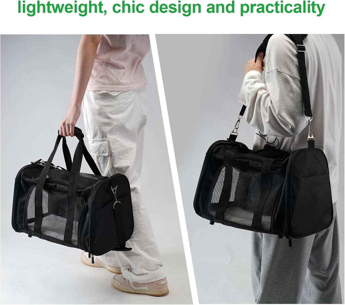 Roaringkitty Travel in Style: Portable Pet Carrier for Small Pets up to 15 Lbs- Airline Approved, Collapsible & Comfortable cat/Puppy Soft Sided Bag (Black)