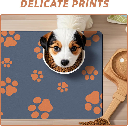 18"Γ30" Dog Food Mat-Absorbent Dog Mat for Food and Water, No Stains Quick Dry Cat Dog Food Bowl Mat Non Skid Dog Feeding Mat with Footprints for Messy Drinkers Blue
