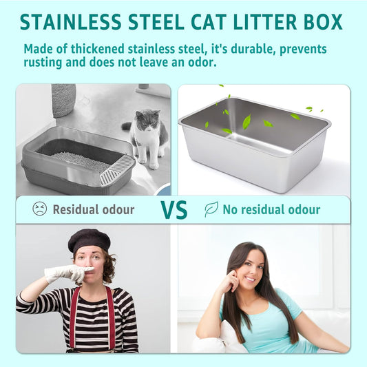 Large Stainless Steel Cat Litter Box-Metal Litter Box for Cats, High Sided Metal Litters Boxes, No Smell, Non Stick, Easy Clean, Odor Proof, Indoor Outdoor
