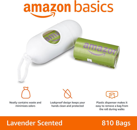 Amazon Basics Dog Poop Bags with Dispenser, 810 Count, Enhanced for Guaranteed Leakproof, Lavender Scented, Includes Leash Clip
