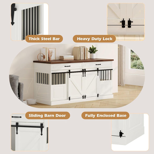 Large Dog Crate Furniture - Wooden Indoor Dog Kennel Furniture for 2 Dogs with Sliding Barn Door and Removable Divider, Heavy Duty Dog Crate Table, 63" L x 23.6" W x 31.5" H, White