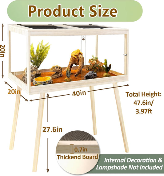 PROLEE Tempered Glass Reptile Enclosure with Leg,40β Scratch-Proof Bearded Dragon Tank,62 Gallon Lizard Tank with Metal Mesh Tops and Lockable Door,Spacious Reptile Habitat for Snake,Lizard (Oak)