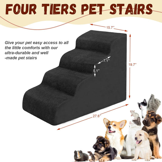 Dog Stairs for Small Dogs - High Density Foam Pet Steps, Extra Wide Dog Ramp with Non-Slip Bottom for High Beds, Couch and Sofa, Best for Dogs Injured, Older Doggy Cats, 4 Steps, Black
