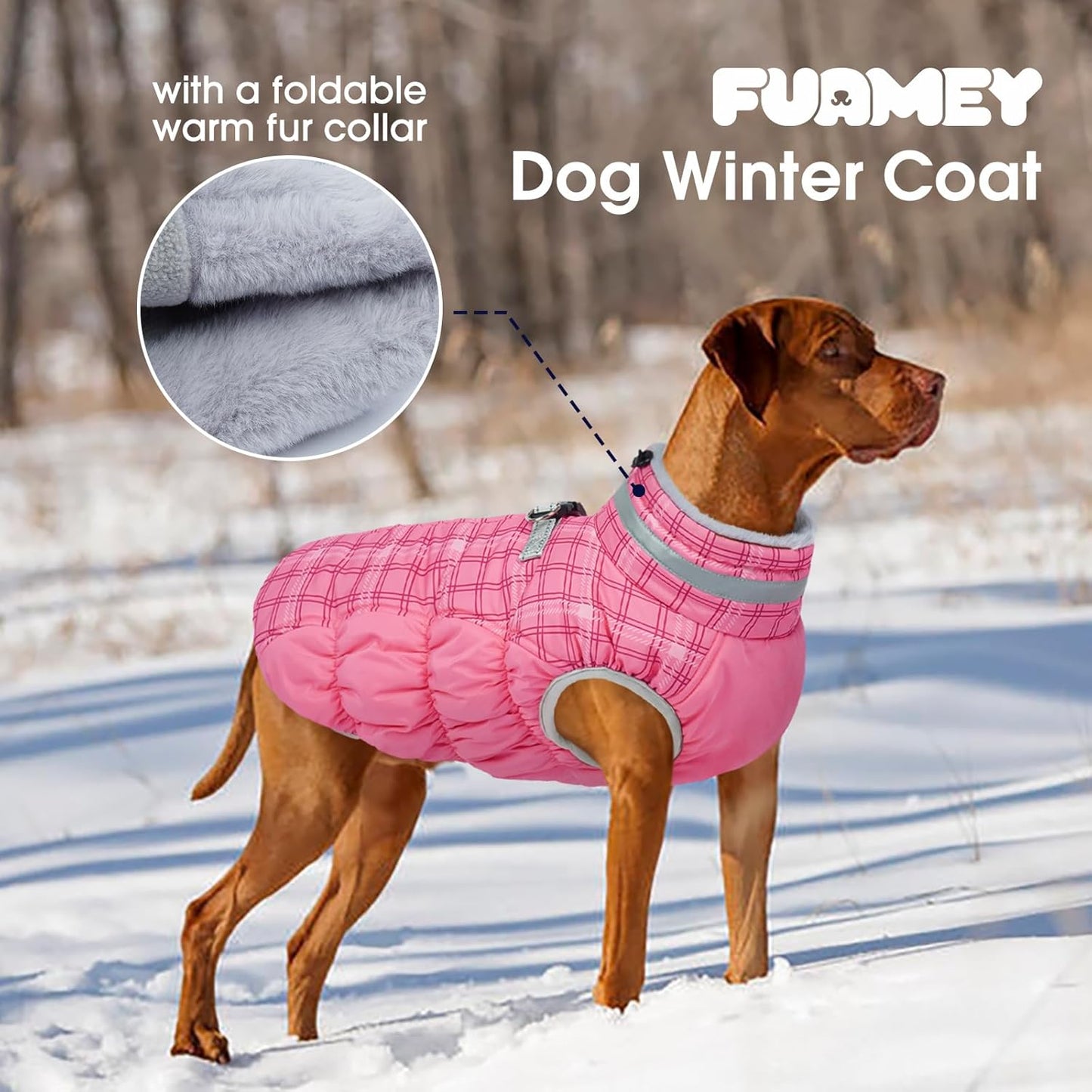 FUAMEY Dog Coat for Large Dogs,Waterproof Dog Winter Jacket with Harness Built in Puppy Cold Weather Coats Reflective Pet Vest with Zipper Warm Fleece Dogs Snowsuit Windproof Rose Plaid 3XL