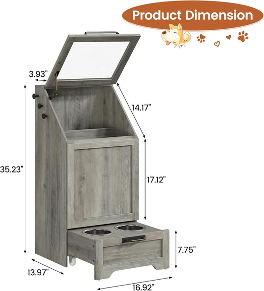 Dog Feeding Station with Storage - Large Capacity Dog Food Storage Cabinet with 2 Removable Stainless Steel Bowls, Flip Top Pet Food Container Toy Storage Organizer - Grey