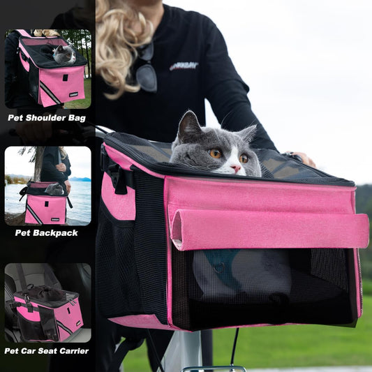 Pet Carrier Bicycle Basket Bag Pet Carrier/Booster Backpack for Dogs and Cats with Big Side Pockets,Comfy & Padded Shoulder Strap,Travel with Your Pet Safety(Pink Carnation)