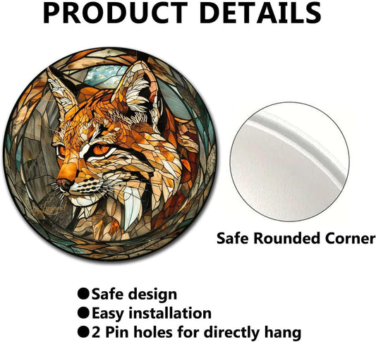 Lygond Metal Sign Tin Sign Circular Stained Glass Bobcat Funny Gardening Gift for Pet 12×12 Inches