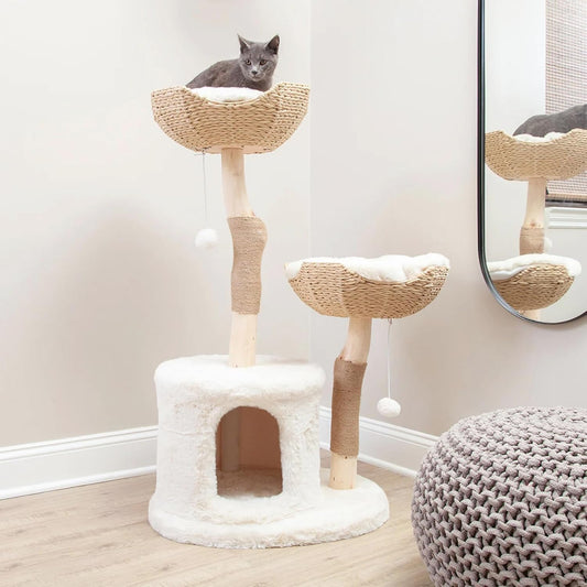 The Bungalow Cat Tree - Luxury Cat Condo, Large Modern Indoor Tower with 2 Faux Fur Beds, Scratching Posts, Toys, and Den for Cats, 23.5-Inch Width x 18-Inch Depth x 43-Inch Height