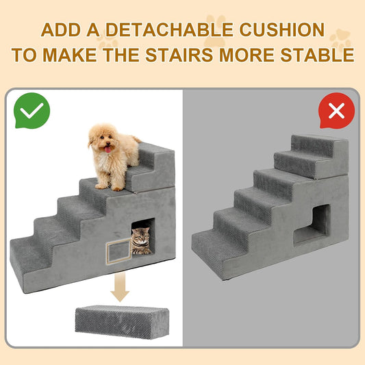 Dog Stairs for Small Dogs 27βH, 6-Step Dog Steps for High Bed, High-Density Foam Pet Stairs with Non-Slip Removable Washable Cover to Get on Bed