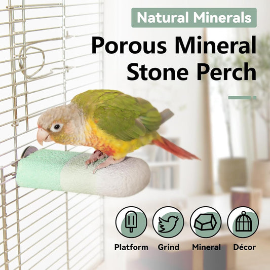 Natural Mineral Bird Perch for Cage Parrot Perch Platform for Beak Grinding Claw Trimming & Chewing Chew Toy for Parakeets Cockatiels Conures Birds Cage Accessories (Gradient Green, 4.7")