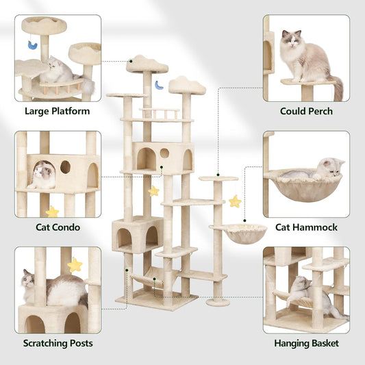 85inch Heavy Duty Cat Tree for Indoor Cats Large Adult, Tall Giant Cat Tower with Scratching Post, Large Perches, Cozy Cat Condos & Hanging Hammocks, Beige