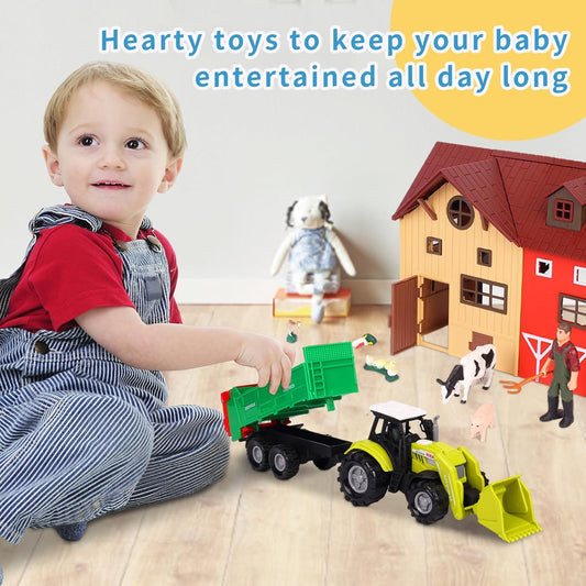 Farm Animals Figurines Toys -140 pcs Toy Set Barn Toy Horse Stable Tractor Trailer Windmill Farmer Fence Playset for Kids Toddlers Boy Girl 3-7 Years Old