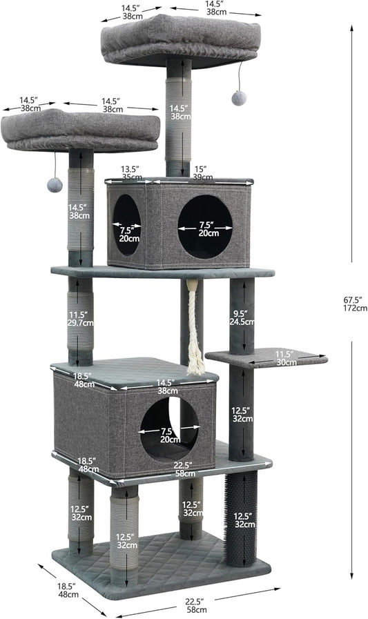 Catry® Stella 7-Level 67.5” Linen & Quilted Velvet Cat Tree with Recycled Paper Scratchers, Two Condos, Removable Beds, Toys, Easy to Clean, Ideal for Large Cats and Multi-Cat Homes (Zinc Gray)