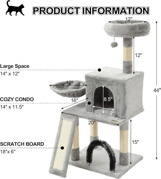 HOOPET 44IN Cat Tree for Indoor Cats - Multi-Level Cat Tower with Hammock, Condo, Scratching Posts, Self-Grooming Brush & Play Ball - Space-Saving Cat Furniture for Small Apartments