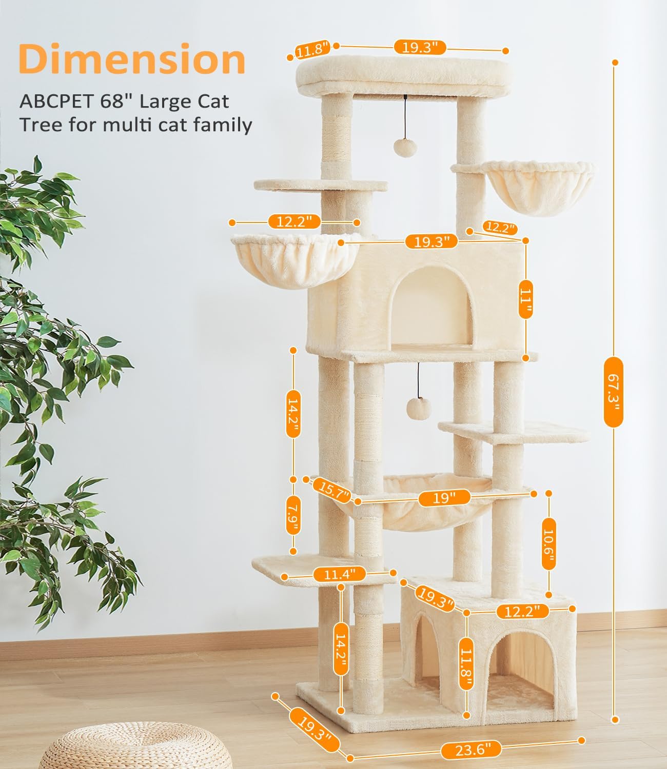 Cat Tree Large Cat Tower Tree 68" Multi-Level Cat Tower for Indoor Cats with Sisal Scratching Posts, Widen Cat Perche, Square Hammock, 2 Widen Condos, Scratching Posts, Beige