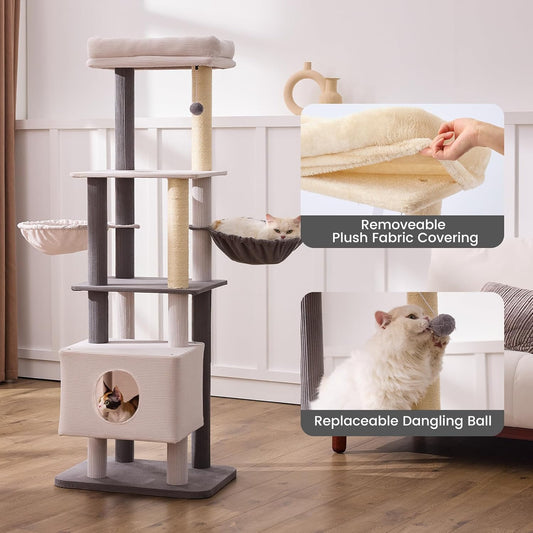 Gardner Pet 65in Heavy Duty Cat Tree Tower for Large Cats, Multi-Level Cat Furniture with Replaceable Sisal Scratching Post, Hammock | Extra-Large Platform & Condo Easy to Clean (Corduroy)
