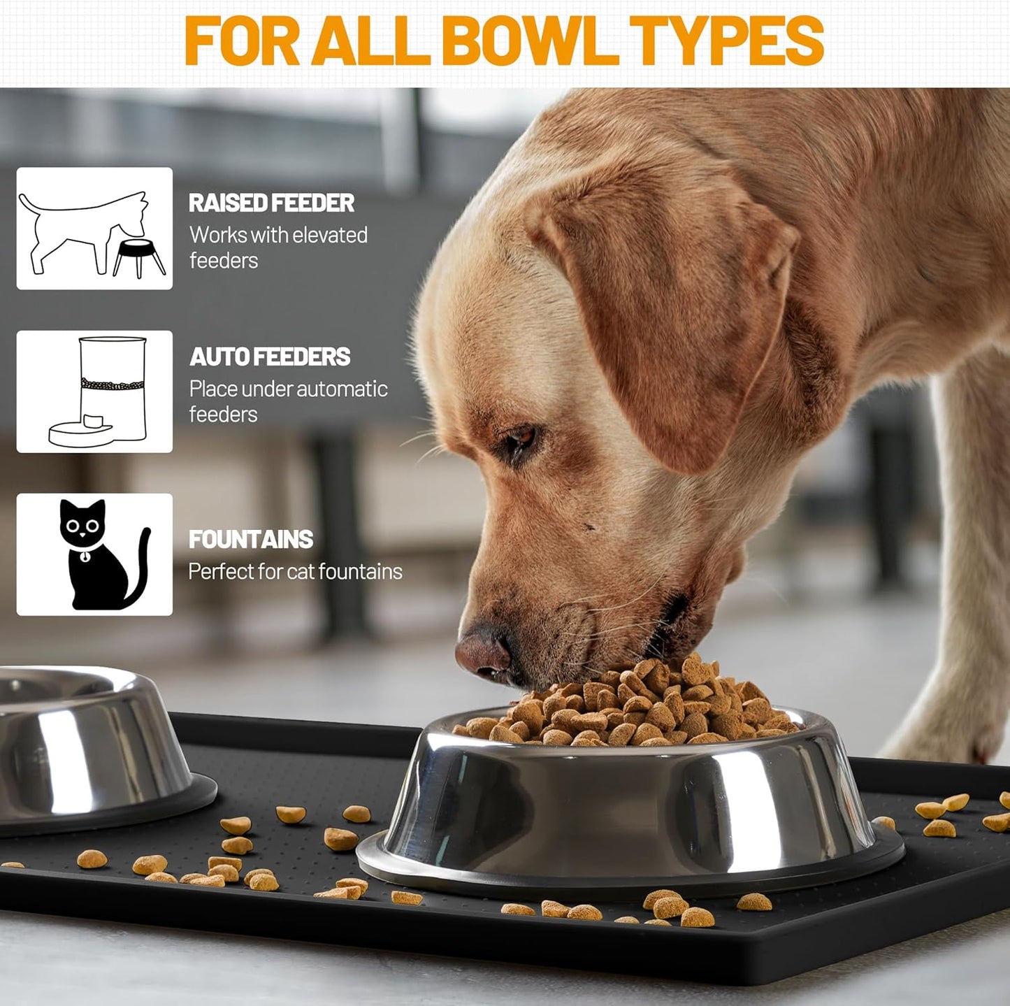 Hubulk Dog Feeding Mat,100% Waterproof Food Grade Silicone Pet Food and Water Bowl Placemat,Dishwasher, High Raised Edge to Prevent Spills,Nonslip Tray to Stop Messes on Floor(28"x18"x0.8", Black)