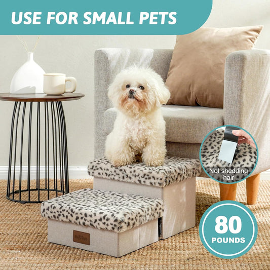 Dog Stair for Small Dogs with Storage, Foldable Pet Stairs for Medium or Puppy Dogs and Older Cats, Dog Steps for Bed or Couch with Soft Cover, 19.7x13x9.6 inch, 2 Tiers, Leopard