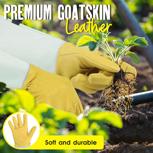 HANDLANDY Rose Gloves for Men & Women, Long Leather Gardening Gloves Thorn Proof, Best Garden Gifts & Tools for Gardener (Yellow-beige, Large (Pack of 1))