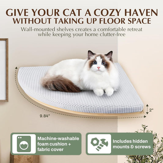Large 9.84β CALLICO HAVEN- Corner Cat Wall Shelves, Modern Wall-Mounted Cat Furniture, Corner Wall Hammock for Cats, Space-Saving Wall Cat Tree Bed, Sturdy/Hidden Mounts, Washable Cover- Fan Shape