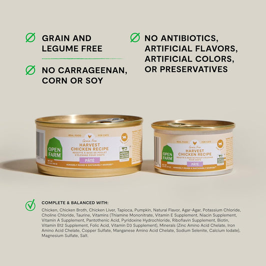 Open Farm Canned Cat Food, Paté for Complete & Balanced Nutrition, Grain-Free and Legume-Free Wet Cat Food, Harvest Chicken Recipe, 5.3oz Cans (Case of 12)