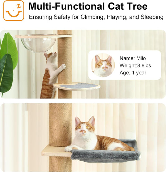FUKUMARU Floor to Ceiling Cat Tree, 6 Level Adjustable Height (5.7-9.8 ft) Climbing Tower with Thickened Scratching Posts, Cats Activity Center with Transparent Capsule and Cozy Hammock