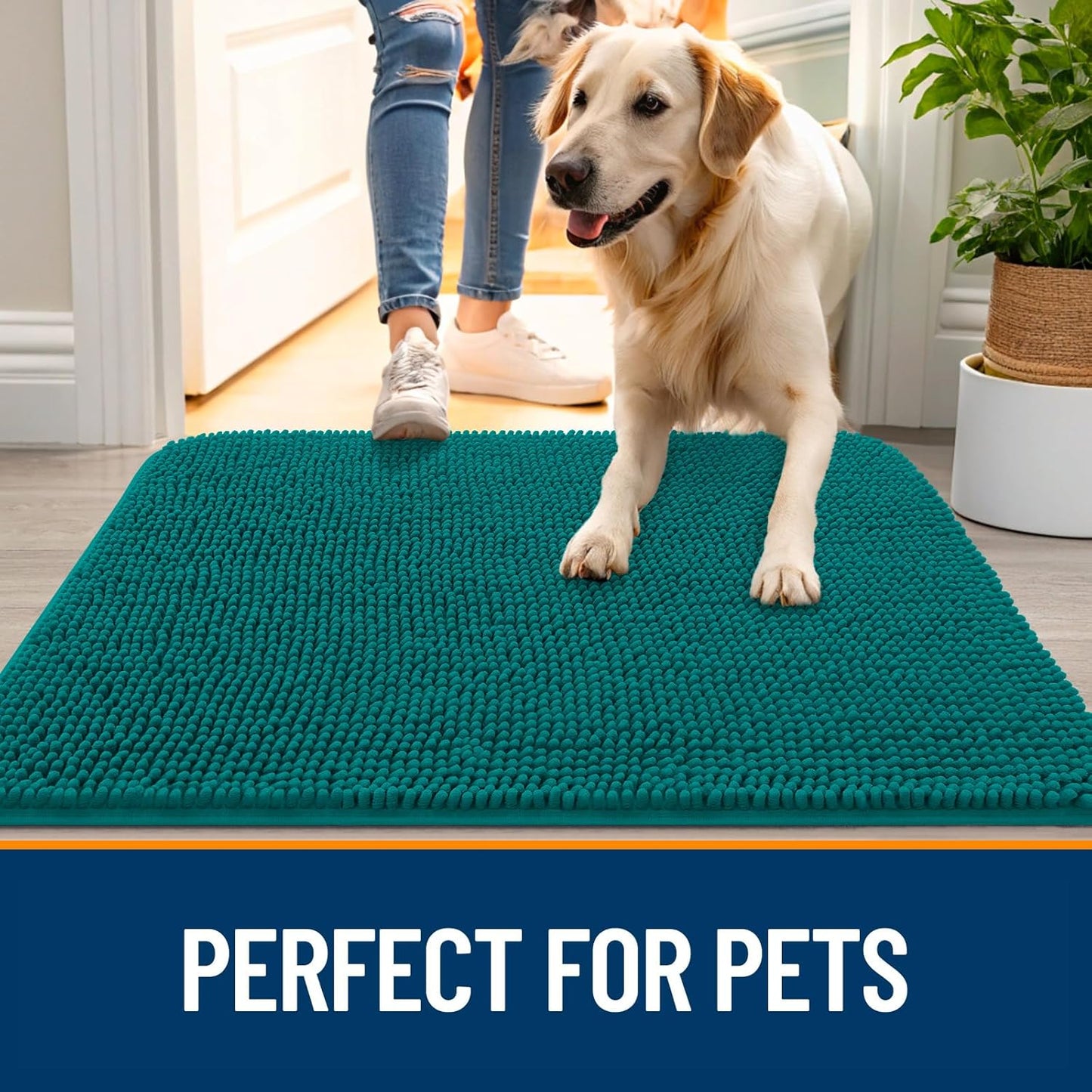 OLANLY Dog Door Mat for Muddy Paws 24x16, Absorbs Moisture and Dirt, Absorbent Non-Slip Washable Doormat, Quick Dry Chenille Mud Mat for Dogs, Entry Indoor Entryway Carpet for Inside Floor, Lake Blue