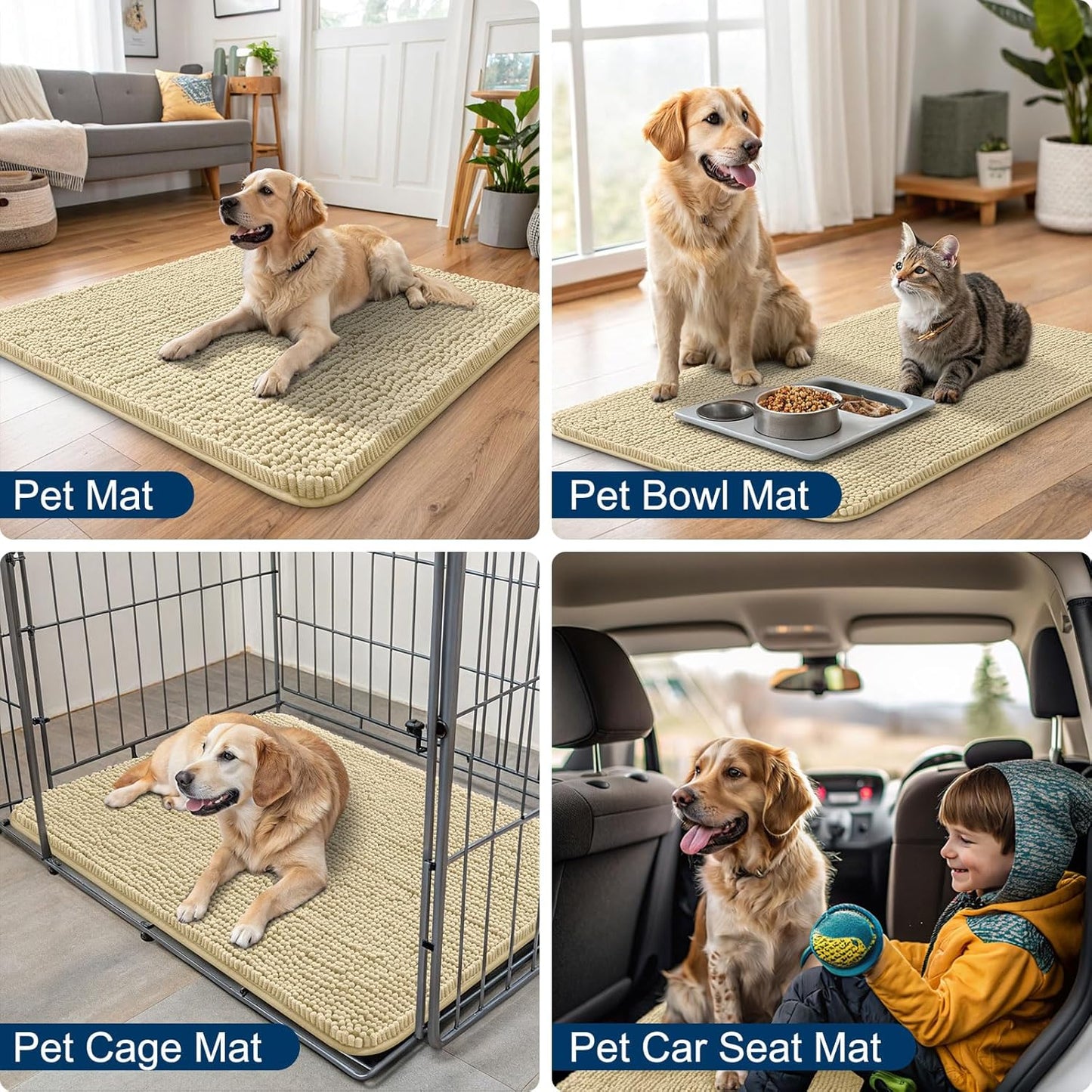 Smiry Dog Door Mat for Muddy Paws 48x30, Absorbs Moisture and Dirt Doormat, Non-Slip Washable Quick Dry Chenille Front Door Mat Indoor Entrance, Entryway Carpet for Inside Floor, Cream White