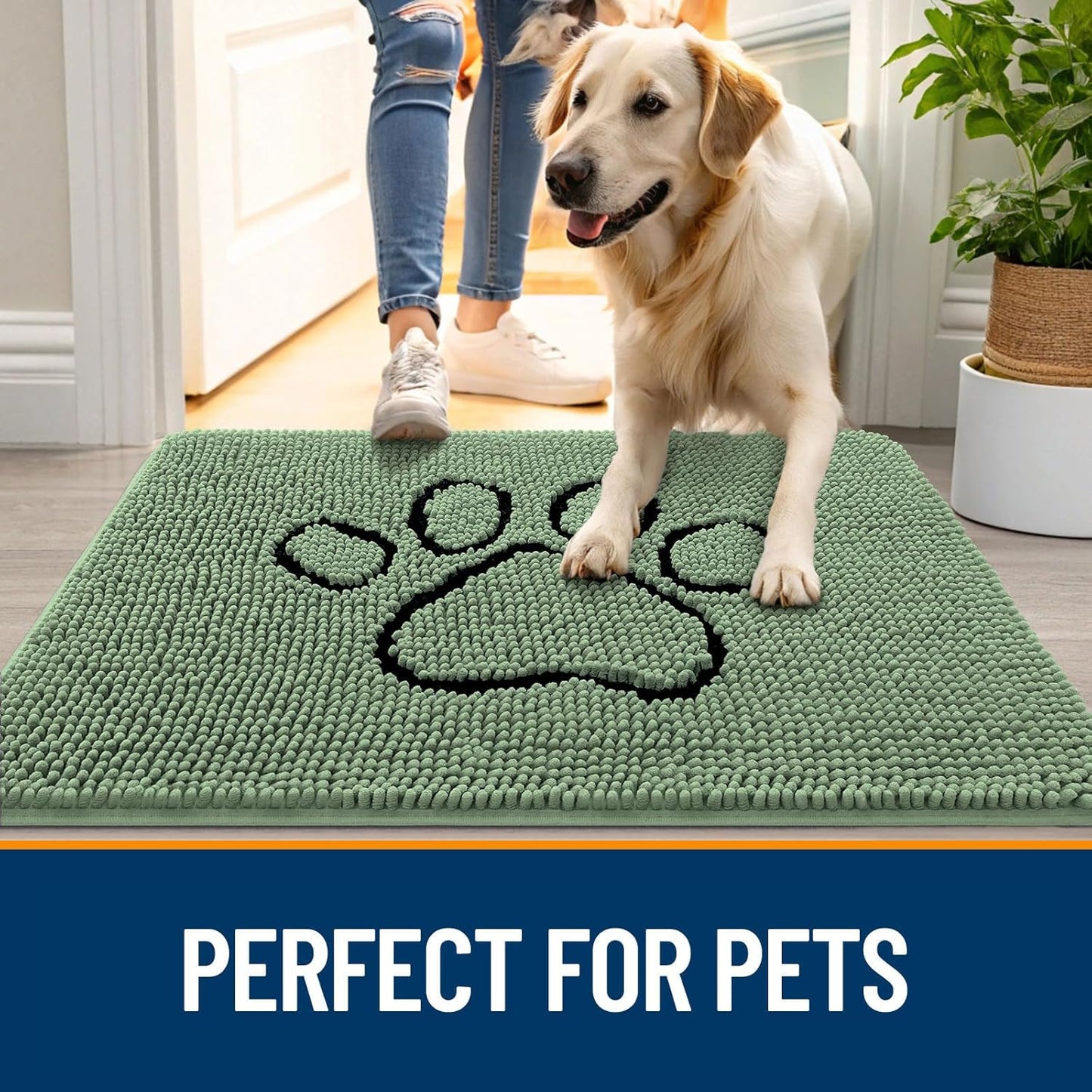 OLANLY Door Mat for Muddy Dog Paws 30x20, Absorbent Chenille Doormat with Paw Print Design, Non-Slip Washable Doormat for Indoor Entryway, Quick-Dry Pet Bed Mats for Dirty Dogs, Olive Green and Black