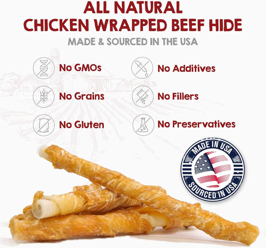 Riley's Chicken Wrapped Beef Sticks - Made with USA Sourced Dehydrated Chicken Breast & Beef Hide - Dog Snacks for Small Dogs and All Natural Chew Sticks - 21 Small Twists